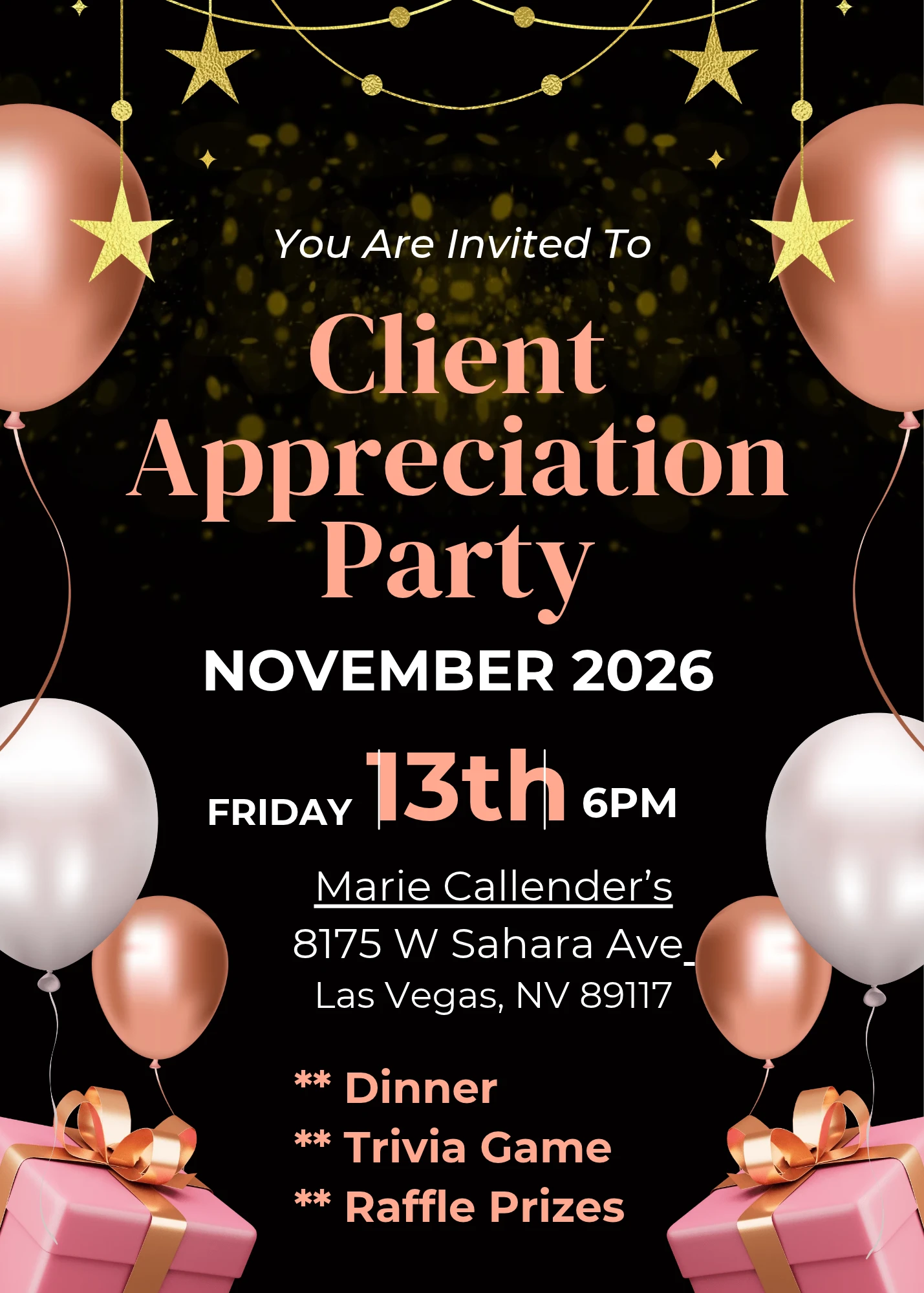 Invitation flyer: Client Appreciation Party, Friday, November 13, 2026 at 6 PM, Marie Callender's, 8175 W Sahara Ave, Las Vegas, NV 89117. Dinner, trivia game and raffle prizes.